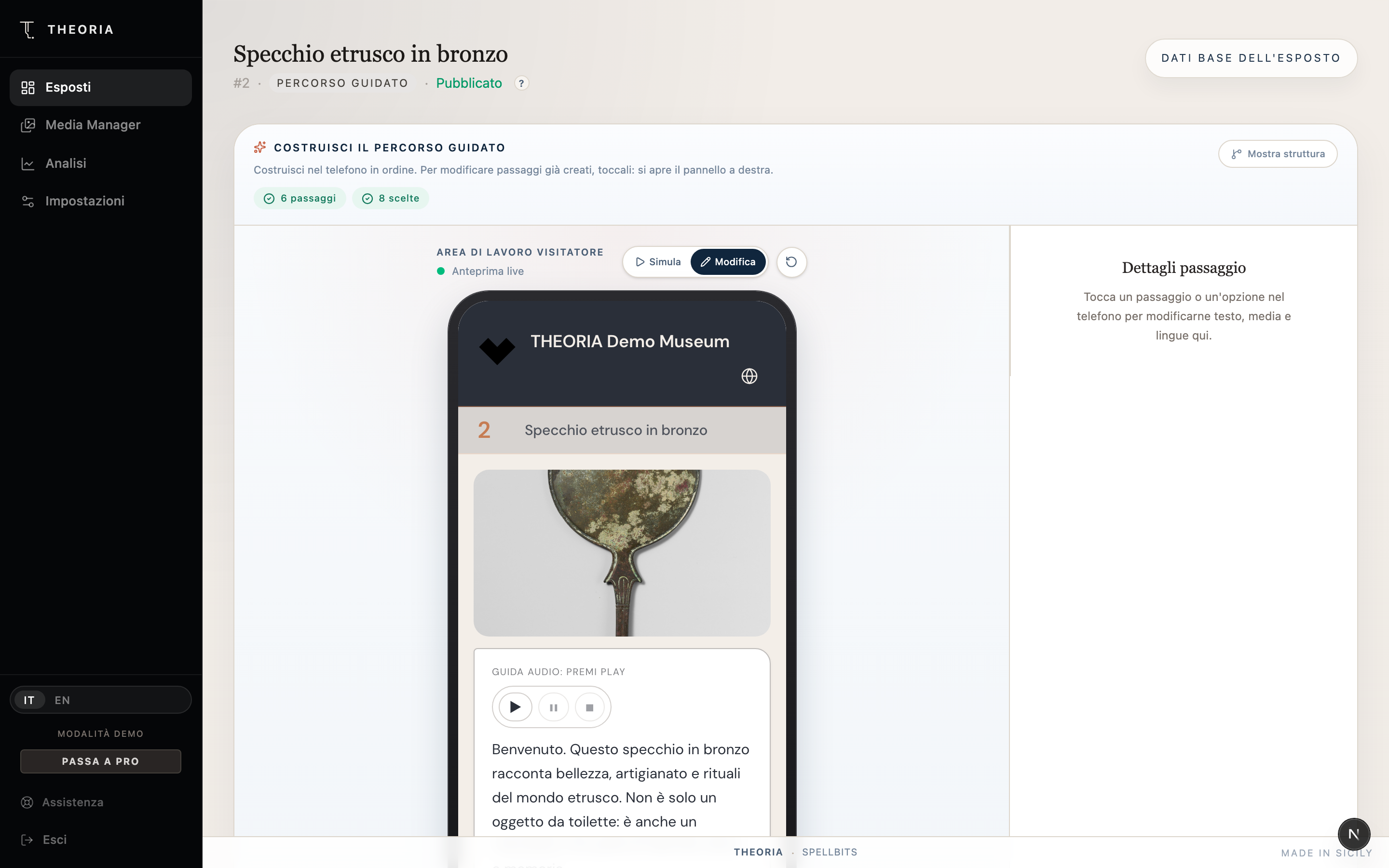 Editor Curator — anteprima live del percorso guidato sul telefono del visitatore