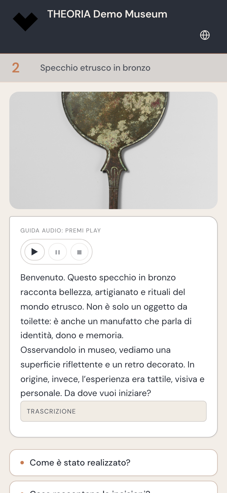 Guida visitatore THEORIA su smartphone — percorso guidato multilingua